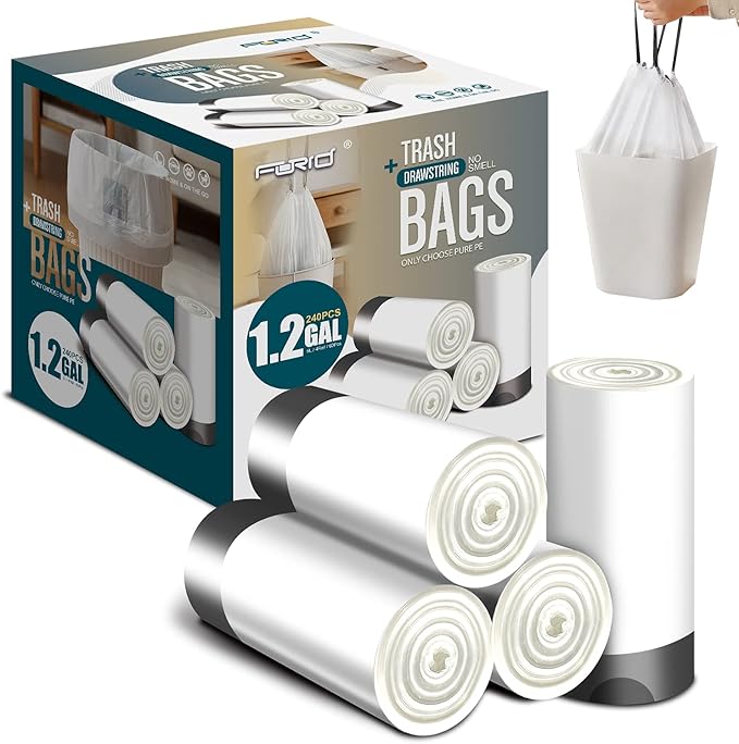 FORID Mini Drawstring Trash bags - 1.2 Gallon White Plastic Garbage Bags 240 Count Small Can Liners for Bathroom Bedroom Office Home 5 Liter (1-2 Gal) - Durable &amp Thick Trash Bag