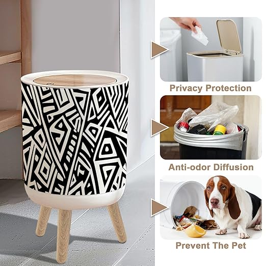 Small Trash Can with Lid Unique Geometric Seamless Pattern ethnic style Aztec textile print 1.8 Gallon/7L Garbage Can Waste Bin with Press Top Lid Wood Legs Wastebasket for Bathroom Kitchen Bedroom