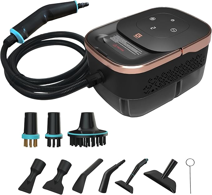 2500W Handheld Steam Cleaner10 Accessories with 8 Adjustable Pressures for Tile/Grease/Carpet 45oz Large Tank Chemical Free Cleaning Portable Multi-Surface Steamer for Home Cars Kitchens(Gold)