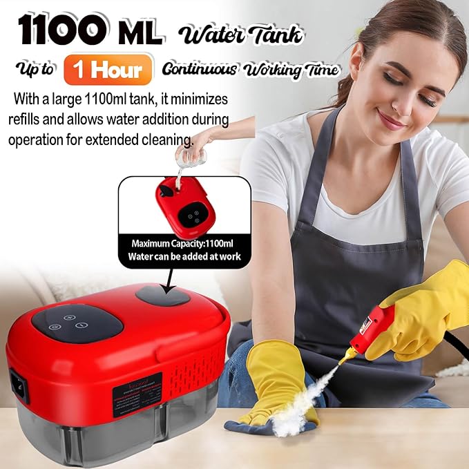 2500W Handheld Steam CleanerSteamer for Cleaning15SFast Heating High Pressure Portable Steam Cleaner w/5 Brushes and Extended Rod (Red - Steam Cleaner)