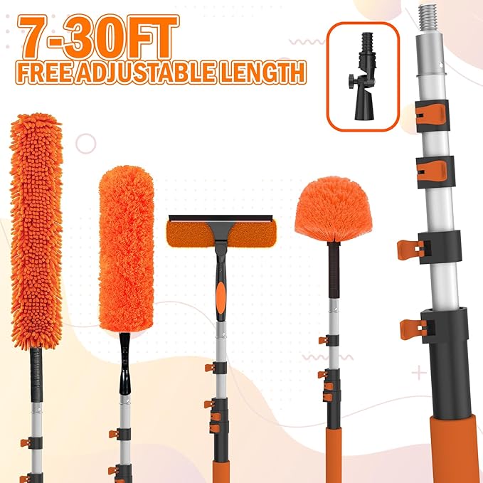 36FT High Reach Duster Cleaning Kit with Extension Pole High Ceiling Fan Cleaner Duster Tool for Fan Blades Window Washing Kit with Microfiber Feather Duster &amp Window Squeegee