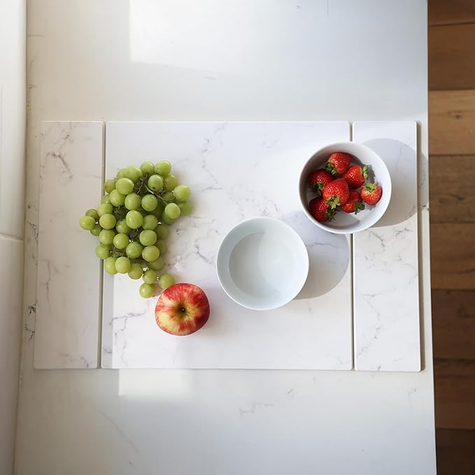 Selegna Collapsible Stone Drying Mat for Kitchen Counter – Tri-Panel Dish Drying Mat Made from Diatomaceous Earth | Quick Dry Diatomite Mat for Sink Countertop &amp Dishes (White)