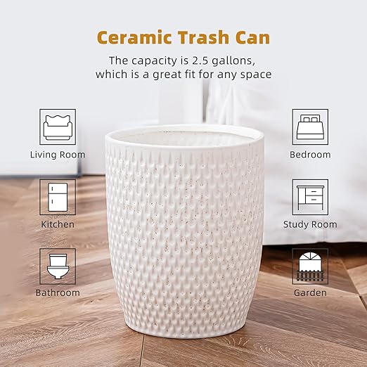 White Ceramic Trash Can - Small Trash Can Wastebasket for Bathroom Kitchen Office &amp Home Decor - Ceramic Round Garbage Container Basket Bin (2.5 Gallon)