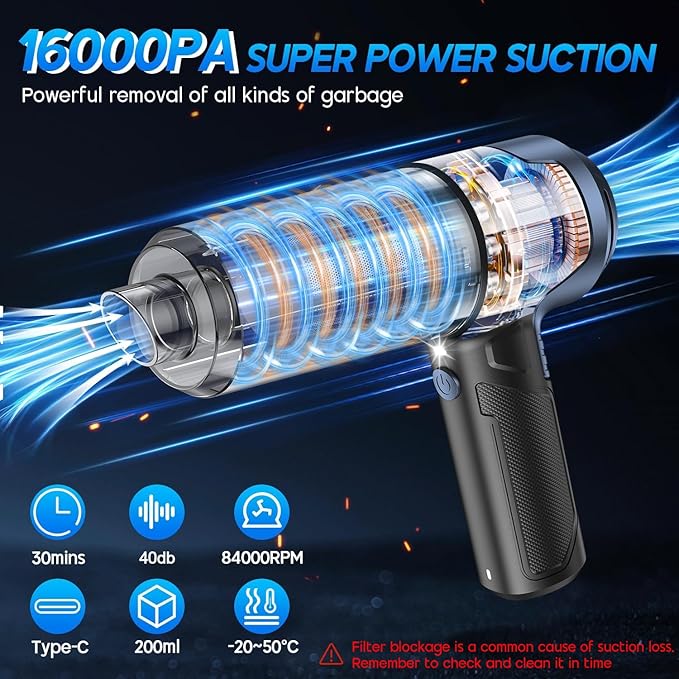 JONYJ Handheld Car Vacuum Cleaner 16000PA Hand Held Vacuum Portable Cordless 2 in 1 Air Duster and Vacuum Cleaner with LED Light Multi-Nozzles 120W High Power Mini Vacuum for Home Pet Office