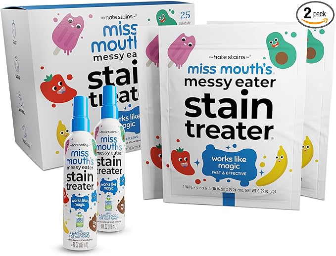 Miss Mouth's Messy Eater Stain Treater 4oz 2pack Stain Remover Spray and 25 pack Wipes