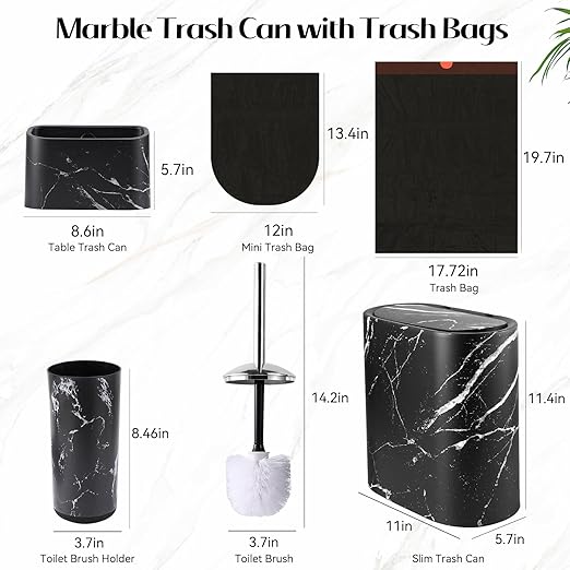 Small Bathroom Trash Can with Lid Press Top 2.8 Gallon Black Slim Plastic Garbage Can with Pop-Up Lid Mini Desktop Trash Can Toilet Brush Holder and 135 Count Various Size Trash Bags