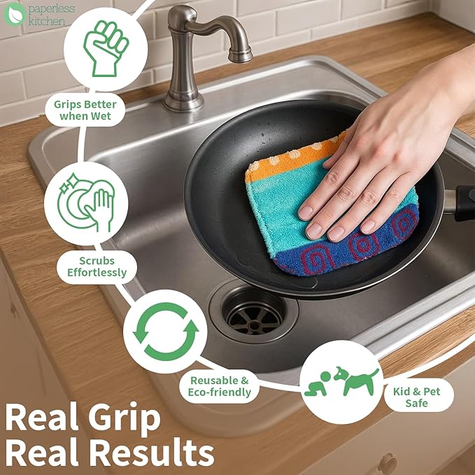 Kitchen Dish Scrubbers | Soft Scrub for Dishes | Non-Scratch Cleaning Pads for Kitchen | Made from Cotton Fiber | Safe on All Surfaces | Long-Lasting &amp Easy to Clean | Pack of 8