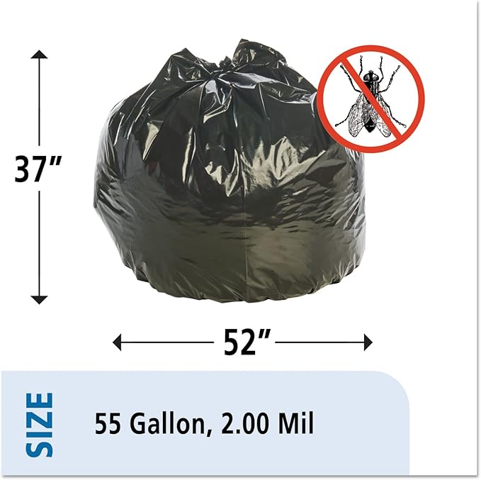 Stout P3752K20 Insect-Repellent Trash Garbage Bags 55gal 2mil 37 x 52 Blk 65/Box