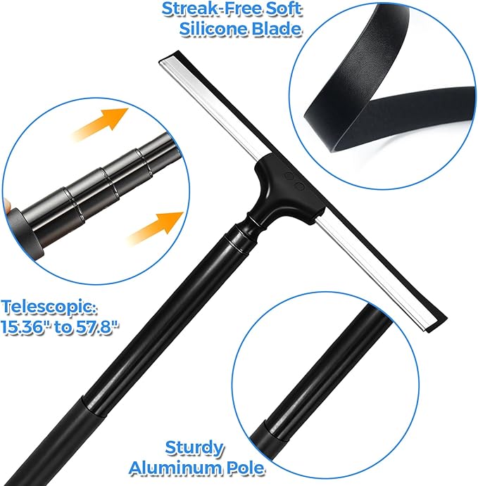 Window Squeegee for Home 2 in 1 Window Washing kit with 57 Extension Pole Telescopic Shower Door Cleaner Tool Car Windshield Cleaning Long Handle for Glass Doors Floor Tile Wall 14 inch Wide
