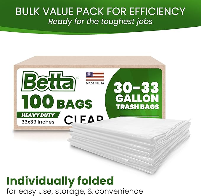 Betta 30-33 Gallon Clear Trash Bags 100 Count Box (33x39-inch) Commercial Heavy-Duty Garbage Can Liners for 20-32 Gallon Round Cans 23-29 Gallon Slim and Square Cans
