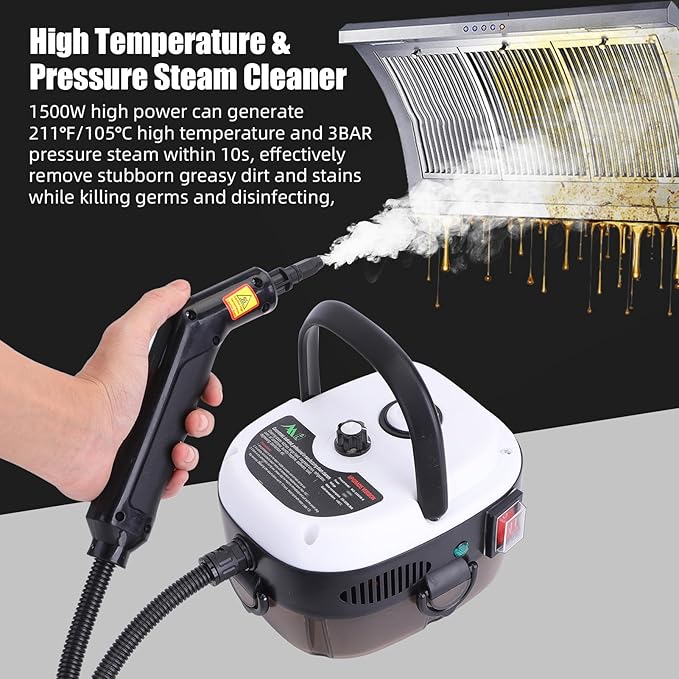 1500W Portable Handheld Steam Cleaner - 105℃ High Temperature Deep Cleaning with Removable Tank and 3 Brushes for Kitchen Bathroom Car Windows (US plug)