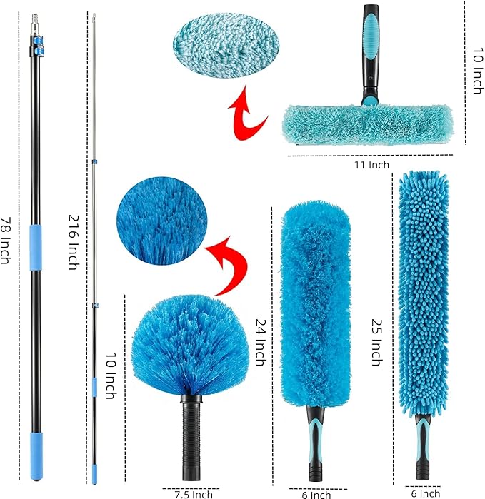 25 Foot High Ceiling Fan Duster with 6-18ft Extension Pole Extendable Reusable Cobweb Feather Window Cleaning Squeegee Kit