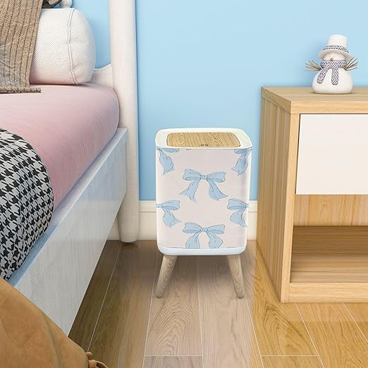 Trash Can with Lid Seamless pattern cute blue bows Trendy hair braiding accessory Hand Garbage Can Rectangular Waste Bin Press Cover Dog Proof Wastebasket for Kitchen Bathroom Living Room Nursery