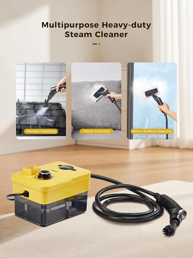 Handheld Steam Cleaner 2500W High Pressure Power Steamer with Multiple Attachments Portable Steam Cleaner for Kitchen Bathroom Upholstery &amp Curtains Chemical-Free (Yellow Black)