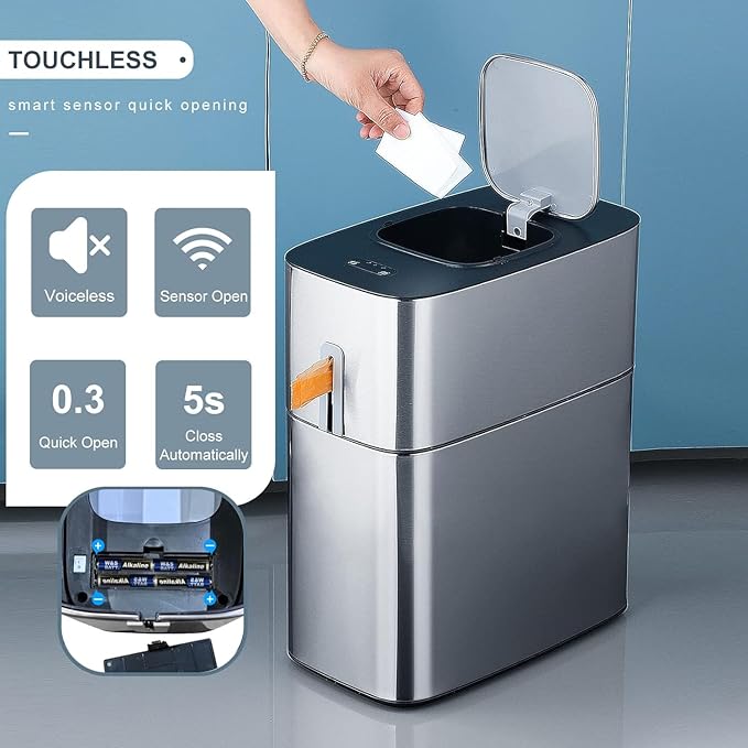 MOPUP Touchless Bathroom Trash Can 4 Gallon Narrow Metal Automatic Privacy Garbage CansMotion Sensor Trash Bin for BedroomOfficeToiletRV