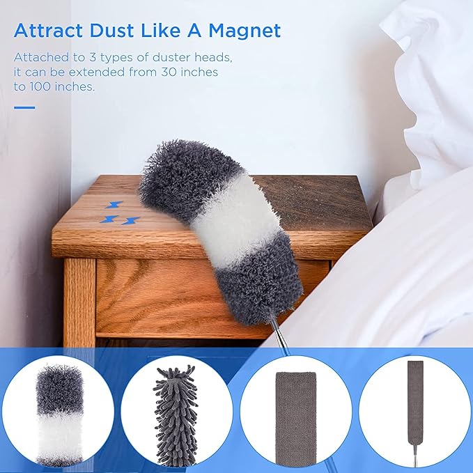 Microfiber Feather Duster Kit with Extension Pole (30–100) – Bendable Washable Heads Extendable Dusters for Cleaning Ceiling Fan High Ceiling Blinds Furniture &amp Cars (5 Pcs)