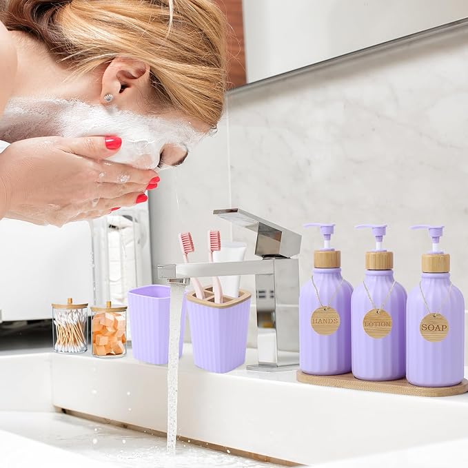 Light Purple Bathroom Accessories Set 17PCS Bathroom Set with Trash Can 3PCS Lotion Soap Dispenser Toothbrush Holder Soap DishTumbler Cup6PCS Wood Tags Bath Accessories with Tray for Bathroom