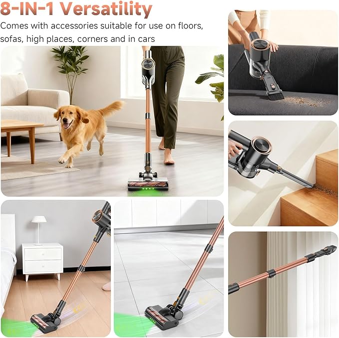 Cordless Stick Vacuum Cleaner - 45KPA Powerful Suction Vacuum with 45 Min Runtime Detachable Battery Anti-Tangle &amp 1.5L Dust Cup 8 in 1 Vacuum Cleaner for Pet Hair Carpet HardFloor Pink