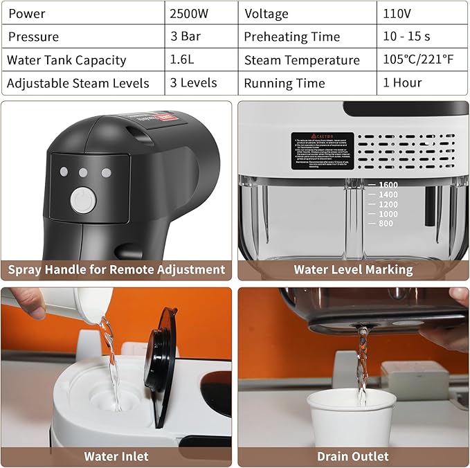 Handheld Steam Cleaner for Home 2500W High Temperature Pressurized Machine 1.6L Water Tank Handle-controlled Steam Output Portable Cleaning Steamer for Car Bed Bugs Furniture Grout (White)