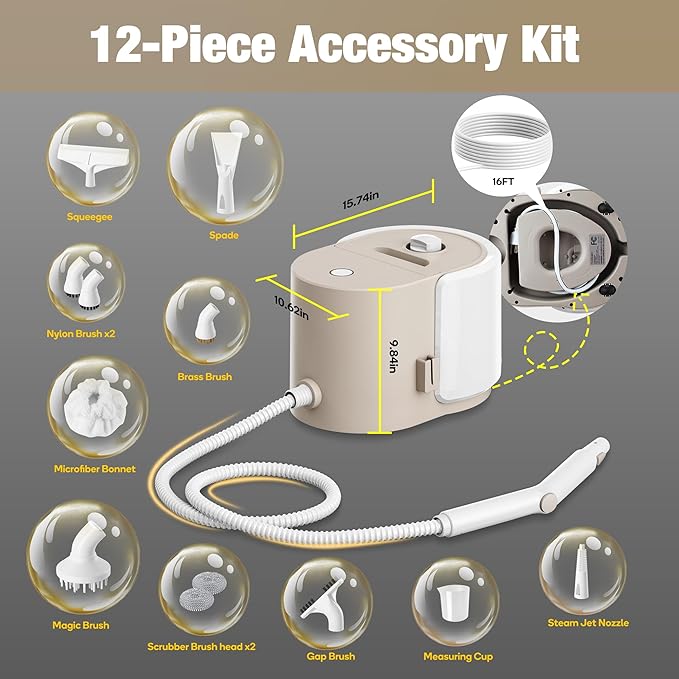 Newbealer Handheld Steamer for Cleaning Stainless Steel Boiler 12-Piece Accessory Kit Max 5 Bar Pressure Multi-Purpose Steam Cleaner for Floors Cars Furniture Upholstery and More