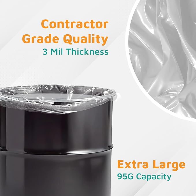 PlasticMill Contractor Bags Heavy Duty - Commercial Industrial Garbage Bags - Clear Construction Trash Bags - Outdoor Garden Trash Bags 95-Gallon 3 Mil 61x68 (10-Count)