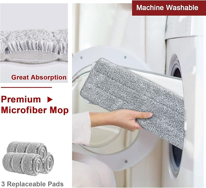 Hands-Free Mop and Bucket Set with 3 Washable Pads Wet/Dry Floor Cleaning System Red/Black