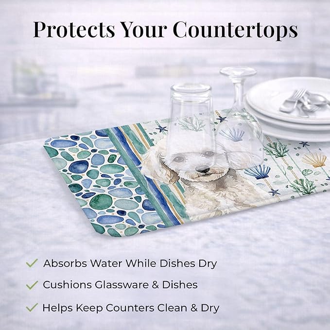 Caroline's Treasures Toy White Poodle Coastal Sea Glass Dish Drying Mat Absorbent Dish Drying Mat Pad for Kitchen Counter Dish Drainer Mat for Countertop 14 x 21 Multicolor