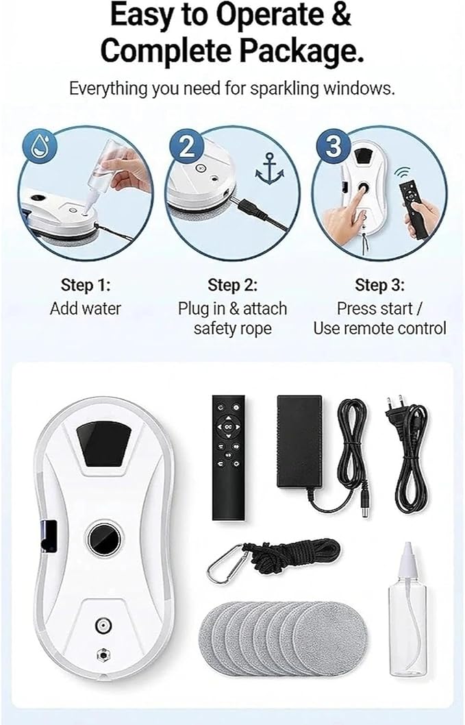 Robot Window Cleaner 5600Pa Intelligent Automatic Window Cleaning Robot for High-Rise &amp Hard-to-Reach Glass Ultrasonic Auto Water Spray for Streak-Free Shine Smart Edge Detection Remote Contro