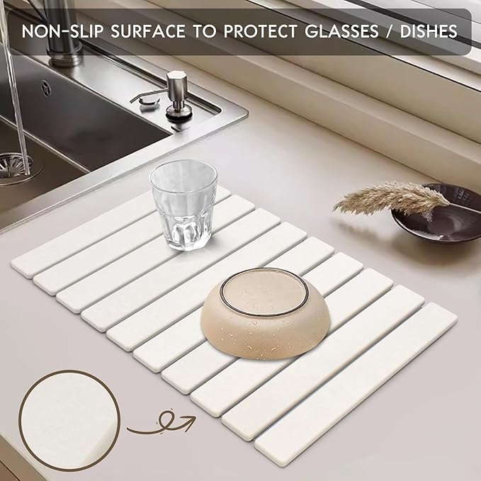 Large Stone Dish Drying Mats for Kitchen Counter 23(L)×15(W) Quick Dry Collapsible Dish Drying Mat Eco-Friendly Absorbent Diatomaceous Earth Mats for Dishes Bottles Cups Match Any Countertop