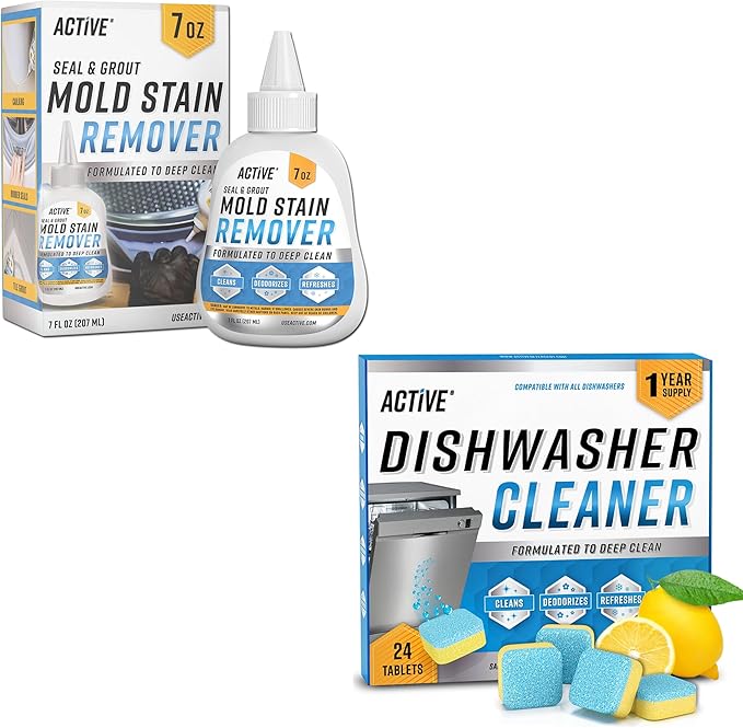 ACTIVE Dishwasher Cleaner and Mold Stain Remover - Includes 24ct Dishwasher Cleaning Tablets and 7oz Mold Stain Removal Gel