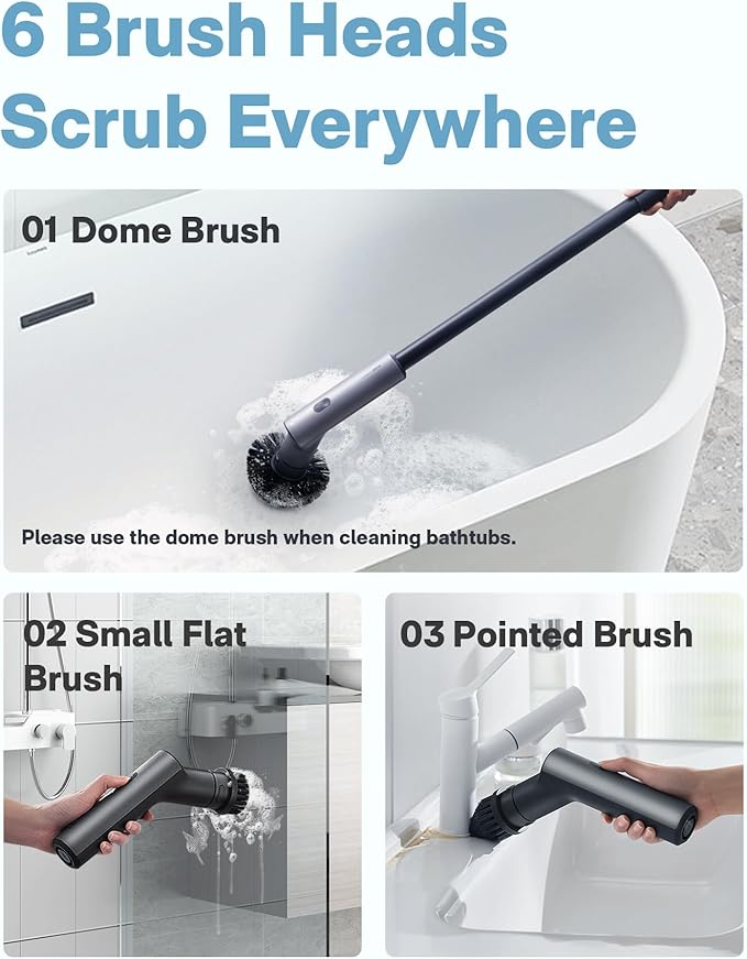 HOTO Cordless Electric Spin Scrubber IPX7 Full Body Waterproof Bathroom Cleaning Brush Max 22 in-lb Shower Scrubber Brush with Long Handle 6 Brush Heads Power Scrubber for Bathroom Floor Tile