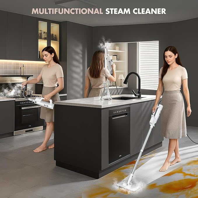 YKYI Steam Mop Detachable 10 in 1 Multipurpose Steamer with 11 Attachments Handheld Steam Cleaner for Home Hardwood Floors Laminate Marble Tile Grout Carpet Windows Cleaning (Light White)