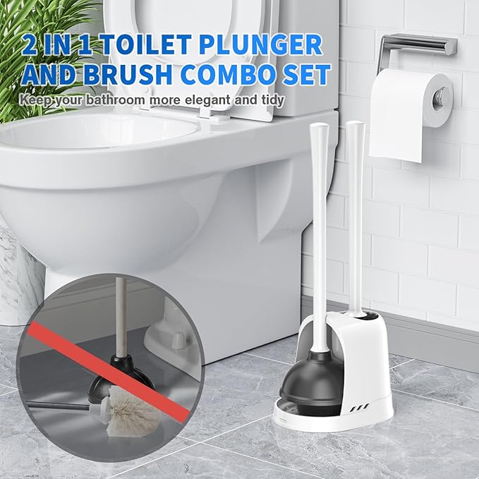 Toilet Plunger and Brush 2 Pack Bowl Brush and Heavy Duty Toilet Plunger Set with Ventilated Holder 2-in-1 Toilet Brush and Plunger Combo for 5.3-inch Toilet Drain Bathroom Cleaning