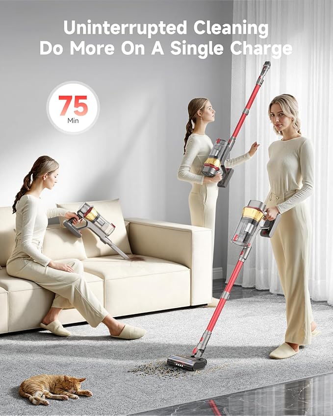 650W Cordless Vacuum Cleaner with 55KPa Flagship Suction 75-Min Extended Runtime 2.5L Dual-Cup Capacity Anti-Tangle Brush &amp Self-Standing Design HEPA Filtration for Furniture Carpet Pet Hair
