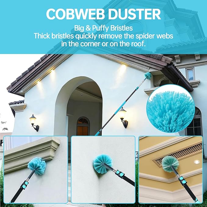 High Ceiling Duster Kits with 3-8ft Heavy Duty Extension Pole - Fan Blade Cleaner Cobweb Remover &amp Blue Window Squeegee Kit Washable Dust Brush and Glass Surfaces Skylight Shades Operating Hook