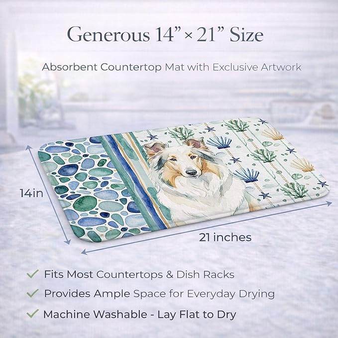Caroline's Treasures White Collie Coastal Sea Glass Dish Drying Mat Absorbent Dish Drying Mat Pad for Kitchen Counter Dish Drainer Mat for Countertop 14 x 21 Multicolor