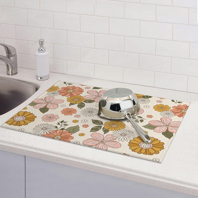 Absorbent Dish Drying Mat For Kitchen Counter Pink Flowers Microfiber Dish Drying Pad Kitchen Gadgets For Easy Clean Multi-Use