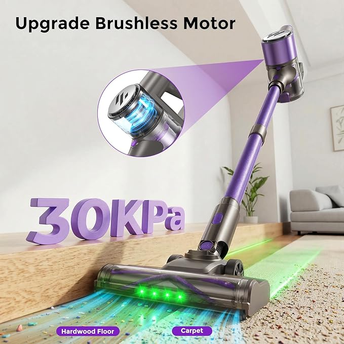 Cordless Vacuum CleanerVacuum Cleaner for Home with Brushless MotorLightweight Stick Vacuum with Self-Standing and Touch ScreenHardwood Floor Vacuum for Pet HairCarpetsTile(Light Purple)