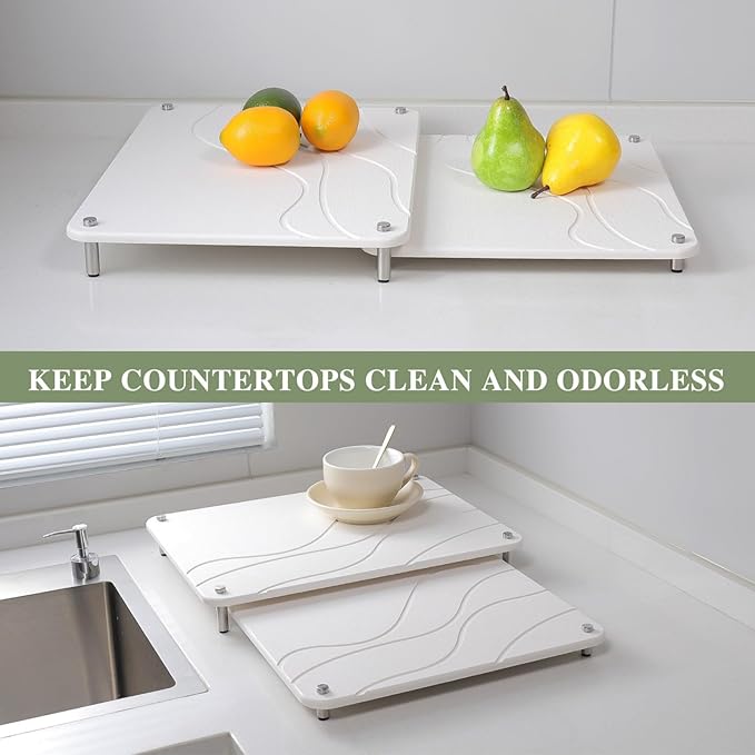 2-Pack Marble Dish Drying Mats for Kitchen Counter Diatomaceous Earth (Diatomite) Quick-Dry Sink Countertop Pads for Dishes &amp Utensils Non-Slip Easy to CleanWhite