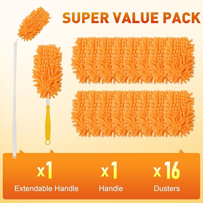 16Pcs Reusable Duster Refill Compatible with Swiffer Hand Duster +3FT Extended Handle +1 Handle 360 Heavy Duty Duster Refills for Cleaning Office Ceiling Fan