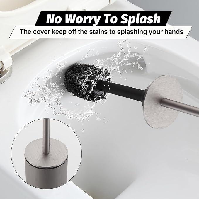 BGL Toilet Brush with Holder Set Brushed Nickel Aluminium Standing for Bathroom Toilet Bowl Cleaner Brush and Holder Set Round Design