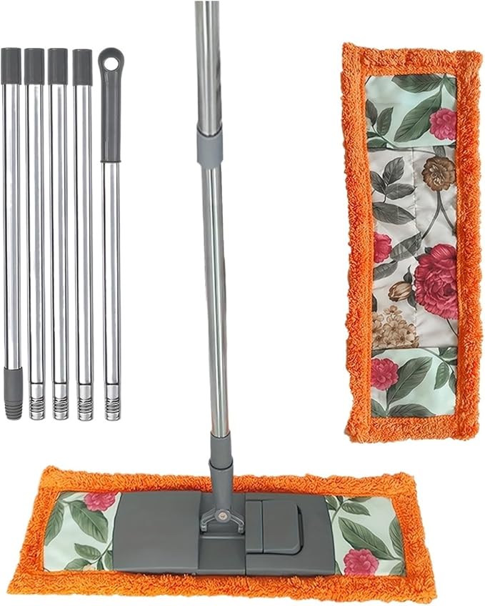 Long Handle Mop Extendable Splicing Rod Dry &amp Wet Rotating Wall Dust Cleaning Brush Ceiling Cleaner Household Tools(Orange-1cloth 5rod)