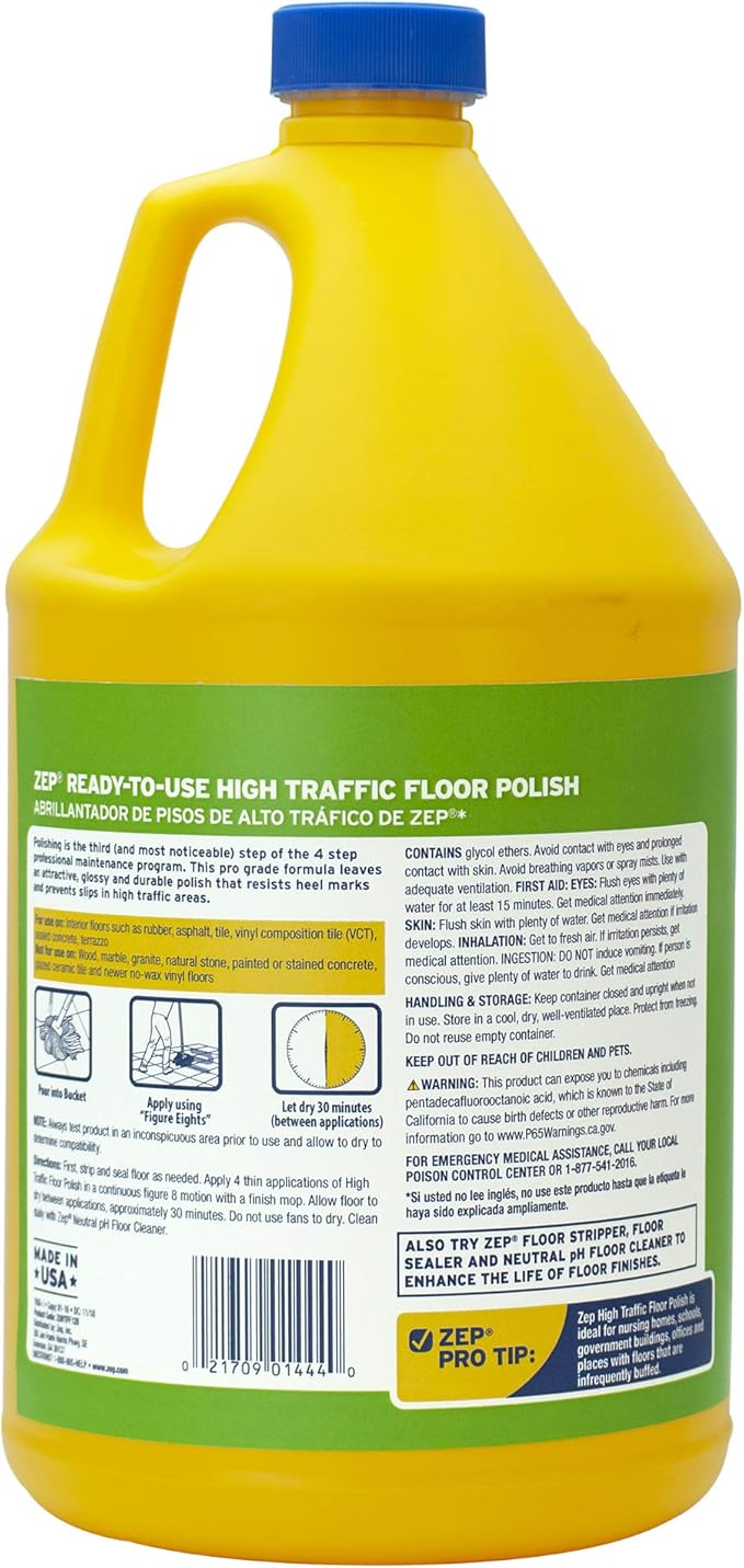 Zep Commercial High-Traffic Floor Polish 4-1 Gallon Bottles Professional Grade Floor Finish For a Range Of Hard Floor Surfaces (ZUHTFF128)