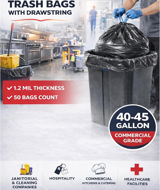 (50 Count) 44 Gallon Trash Bags with Drawstring Heavy Duty Fits 40-45 Gallon Bins 1.2 Mil Industrial Strength for Janitorial Hotels &amp Commercial Kitchen Waste-Multipurpose use-By Interplas.