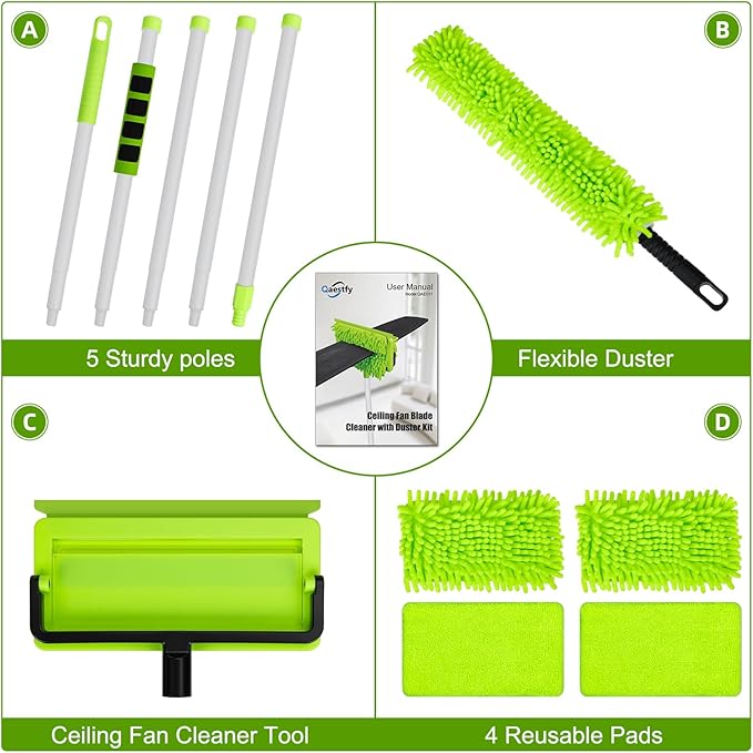 Ceiling Fan Cleaner Duster with 75'' Extension Pole Flexible High Ceiling Fan Blades Cleaning Tool Reusable Skinny Duster for Tight Spaces