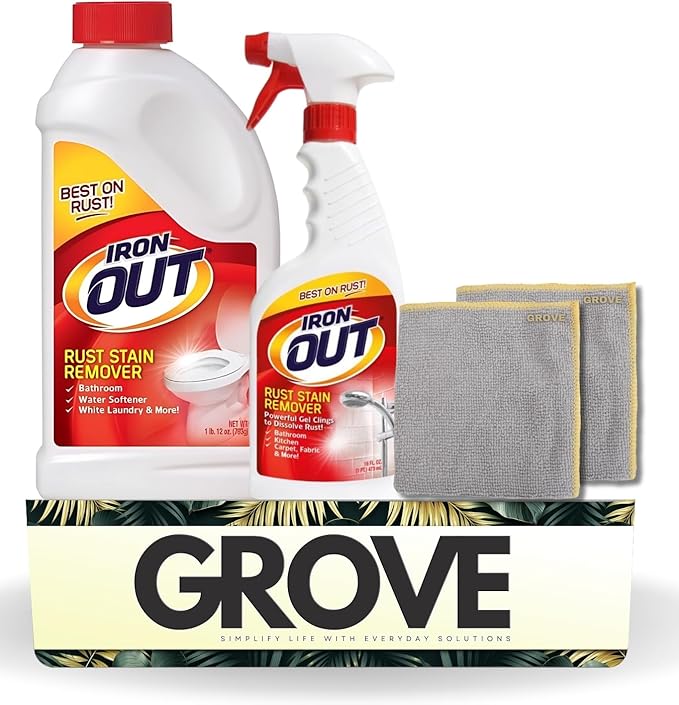 Iron Out Rust Remover Spray 16 oz + 28 oz Powder Bundle with Microfiber Cloth - Rust Stain Remover - Hard Water Toilet Stain Cleaner - Dissolves Rust on Tubs Sinks and Showers - (4 Items)