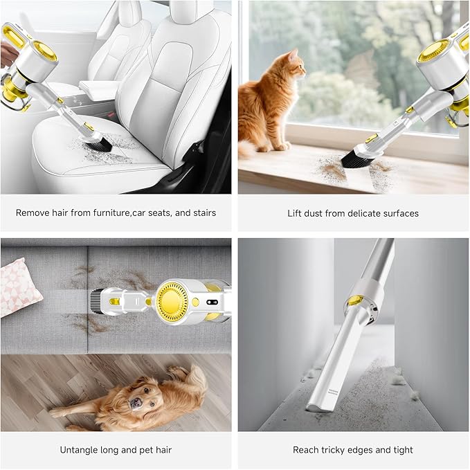 Cordless Vacuum Cleaner for Home Powerful Stick Vacuum with Rechargeable Battery Green Light Anti-Tangle Brush 6-in-1 Lightweight Handheld Vacuum for Pet Hair Hard Floor Carpet Yellow