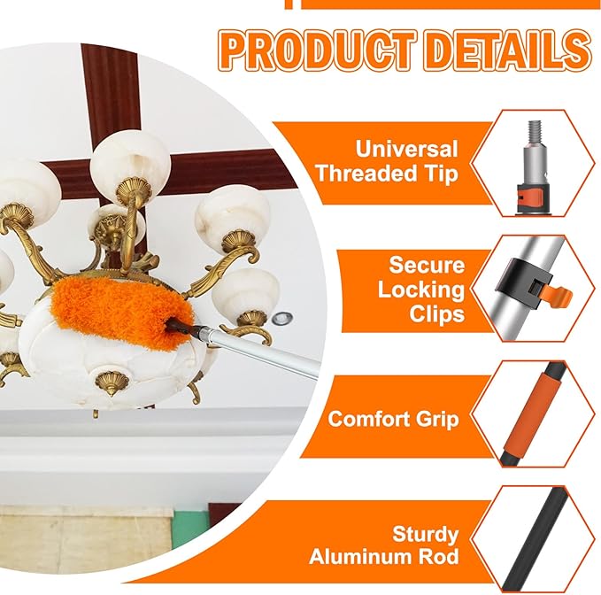 20FT Reach Ceiling Fan Cleaner Duster Fan Blade Cleaner Kit with 3-12FT Extension Pole Microfiber Duster &amp Replaceable Cleaning Cloth for Blades Ceiling Furniture