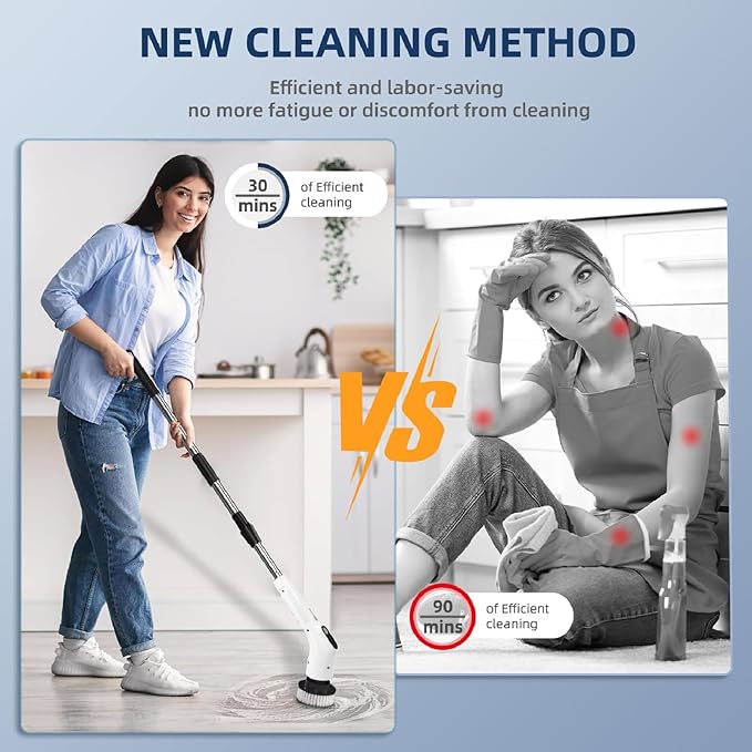 APLUSH Electric Spin Scrubber Cordless Cleaning Brush Scrubber for Home 8 Replaceable Brush Heads Shower Scrubber with Adjustable Extension Handle for Cleaning FloorsBathtubsTiles Sink