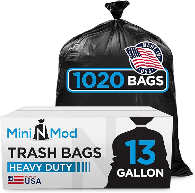 Black 13 Gallon Trash Bags – Bulk 1020 Count – Tall Kitchen Garbage Bags – 13 Gal Unscented Plastic Can Liners for Bathroom Office Janitorial Commercial Industrial Municipal – Drawstring-Free